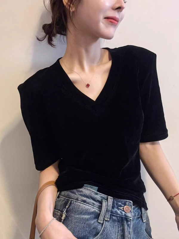金丝绒垫肩短袖T恤女欧洲站2025早秋新款欧货女装修身打底小衫潮|undefined