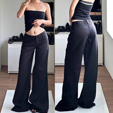 高街辣妹时尚基础百搭简约纯色显瘦西装裤口袋宽松拖地休闲长裤女