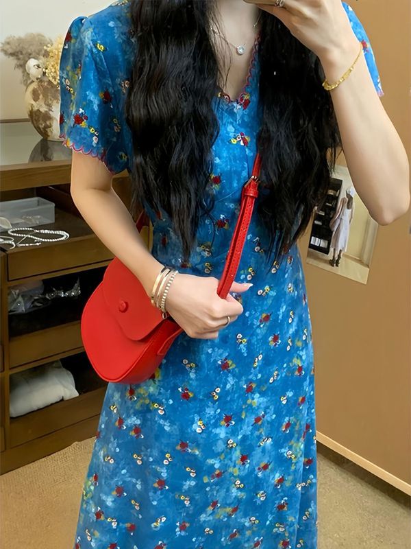 法式气质小清新V领碎花连衣裙女夏季新款设计感海边度假风长裙子|undefined