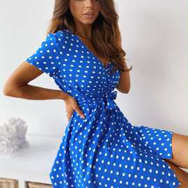 2021跨境外贸独立站夏季新款V领短袖系带波点印花短款连衣裙女
