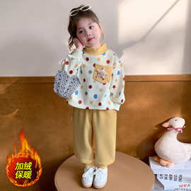 女小童加绒套装秋冬款2025加厚女宝宝圆点卫衣秋装儿童休闲两件套