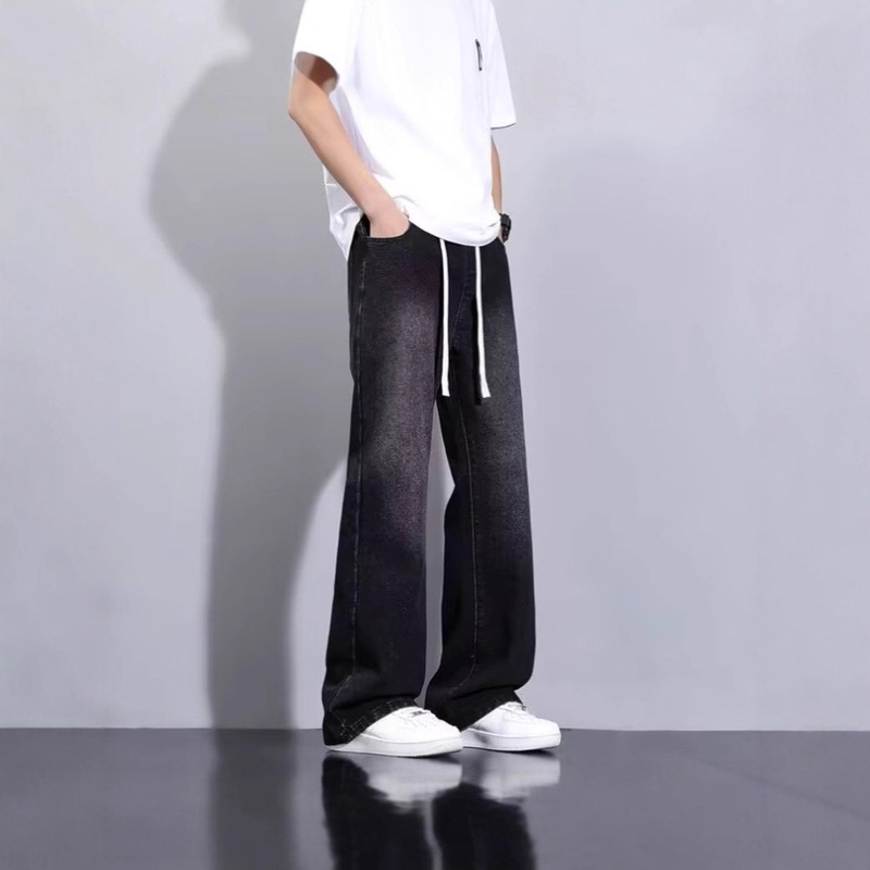 American Retro Black and Gray Gradient Jeans Men's Autumn and Winter New Velvet Vibe High Street Washed Wide-Leg Straight Pants