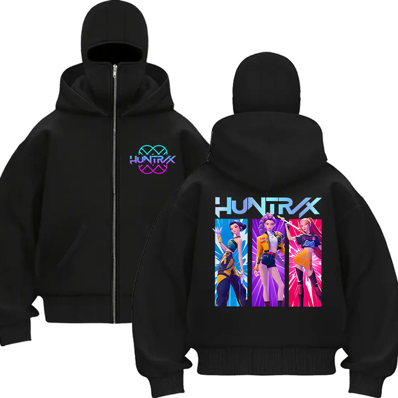 European and American Best-Selling Kpop Hunter Girl Group Printed Velvet Double Hooded Hooded Balaclava Zipper Sweatshirt 0906-1