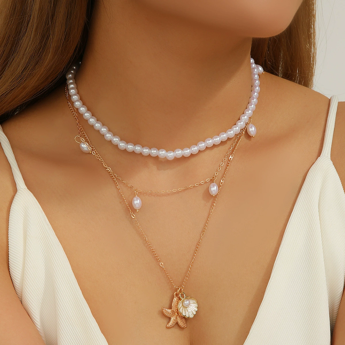 Оптовая продажа новых имитационных подвесок в виде ракушек морской звезды, бисерных пляжных океанических стопок, цепочек для ключицы, для внешней торговли и трансграничной торговли