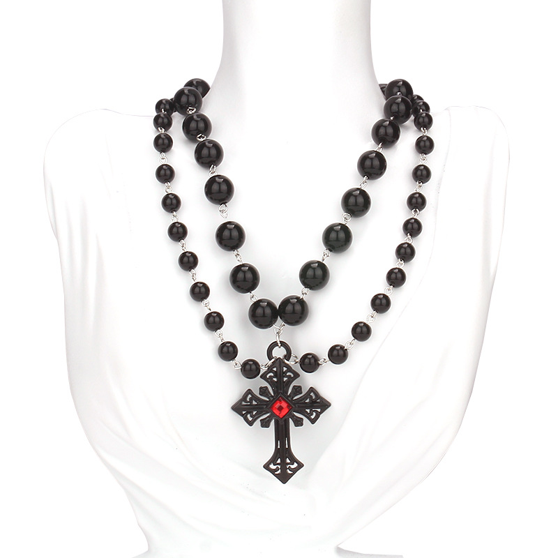 Collier avec pendentif en forme de croix et de perles pour Halloween, style punk hip-hop, personnalité sombre_voghion.com