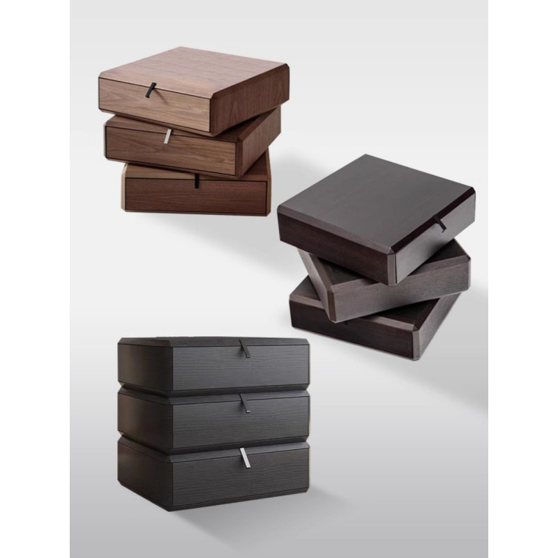 Italian Minimalist Solid Wood Rotating Bedside Table Bedroom Simple Modern Light Luxury Cupboard Solid Wood Smoked Color Bedside Table