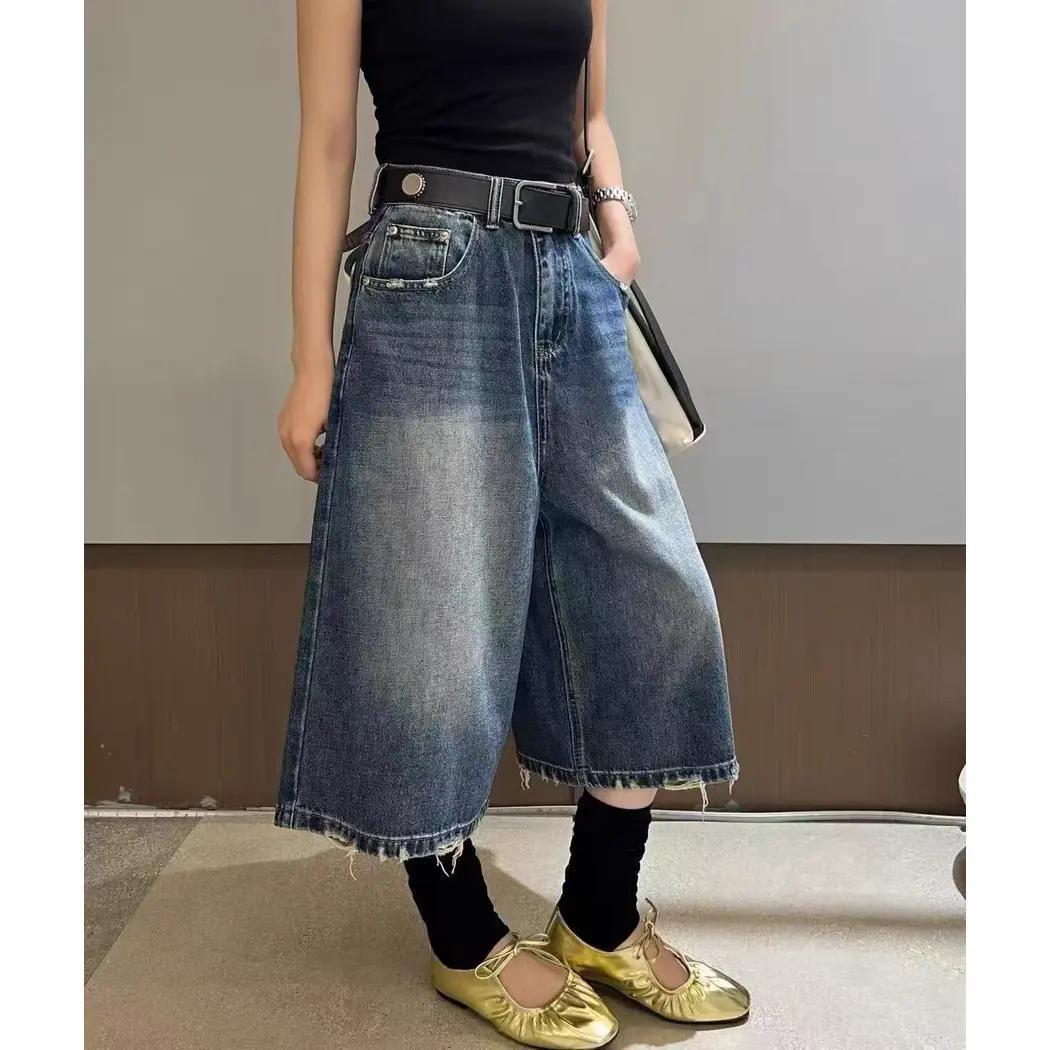2025美式夏季新款高腰牛仔直筒中裤宽松阔腿显瘦毛边设计感七分裤