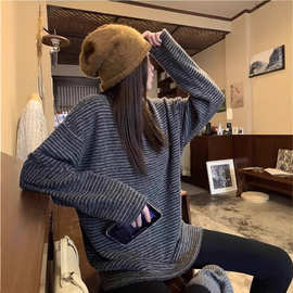 【工厂现货】慵懒风磨毛绒加厚条纹长袖T恤女秋冬宽松打底衫上衣