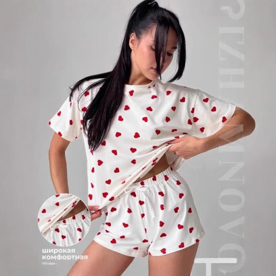Cross-border Europe and the United States slim new pajamas sweet hot girl round neck love printing soft short sleeve women's home clothes casual two