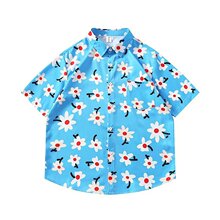 夏威夷沙滩度假短袖衬衫男士潮流宽松大码五分袖夏季冰丝碎花衬衣