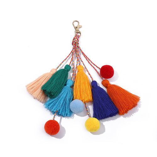 Cross-border colorful bag ornaments handmade braided DIY handicraft bohemian hair ball tassel keychain pendant