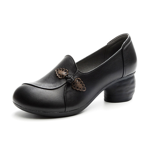  Fall New Women's Casual Single Shoes with Rough Medium Heel, Soft Sole, Washed Top-Grained Soft Calfskin Deep Slip-On Shoes