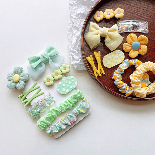 Korean style cute fabric flower children's hair clip set spring color bow bangs clip floral pleated hair tie