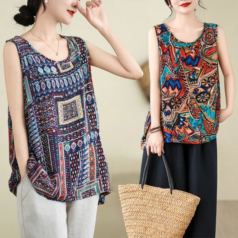 Foreign Trade Summer New plus size Women's Vest Ice Silk Wrinkle Loose Base Shirt Mother's Crewneck Top for Middle-aged and Elderly Foreign Trade Summer New plus size Women's Vest Ice Silk Wrinkle Loose Base Shirt Mother's Crewneck Top for Middle-aged and Elderly