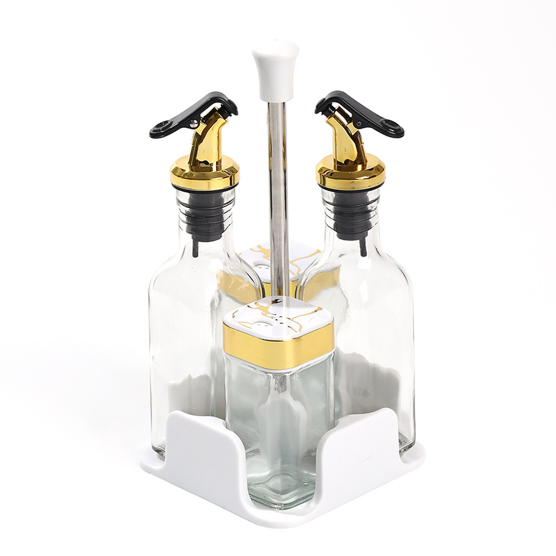 Olla de aceite de cocina juego de cuatro piezas para el hogar combinación de tanque de condimento de lujo ligero sellado a prueba de humedad botella de condimento de vidrio al por mayor