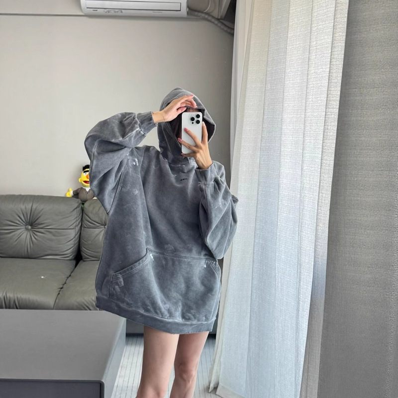 Cross-Border Autumn New Style Bl Logo Letter Embroidery Paint Splatter Wash Color Cement Gray Hooded Sweatshirt