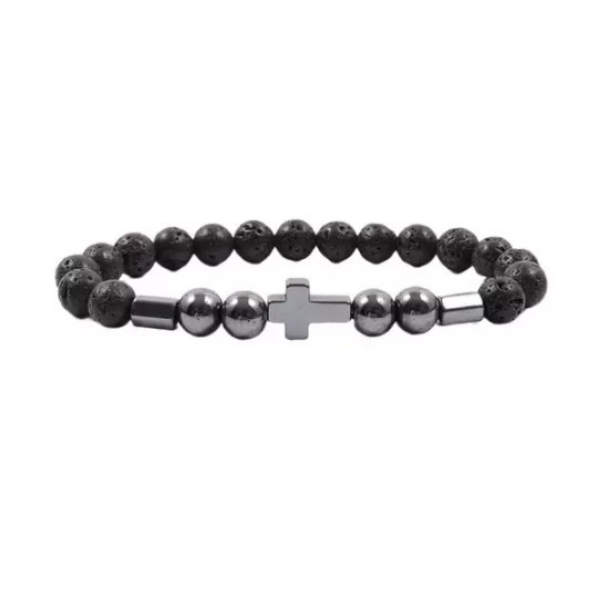 Fábrica directa de piedra natural cuentas de acero inoxidable cruces cuentas pulseras de joyería de piedra volcánica pulseras image 8