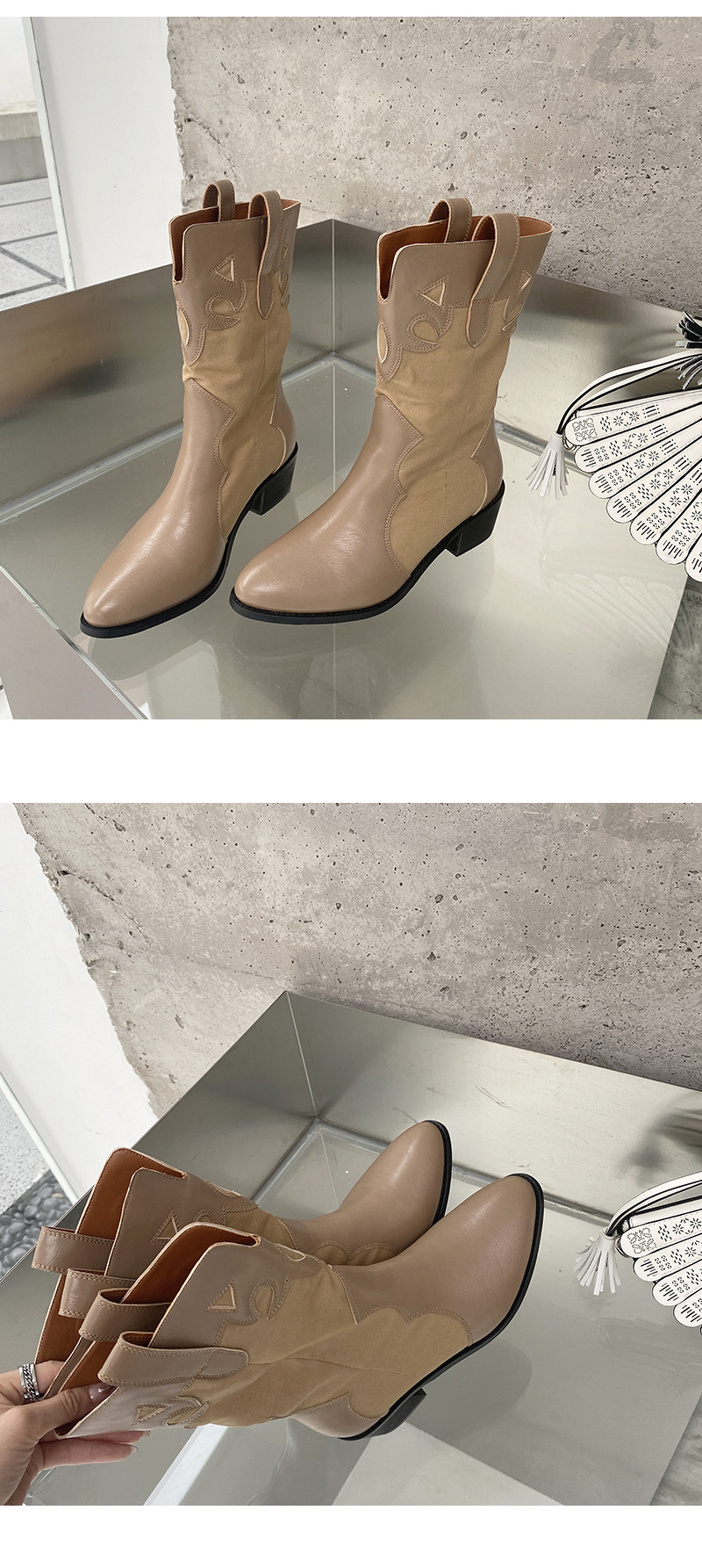 2024 Fashion Pointed Korean Edition Temperament Splicing Simple and Versatile Sleeve Thick Heel Short Boots for Women_voghion.com