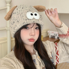 彩点小狗耳朵针织帽毛线帽男女同款冬季加厚防寒保暖护耳套头帽子
