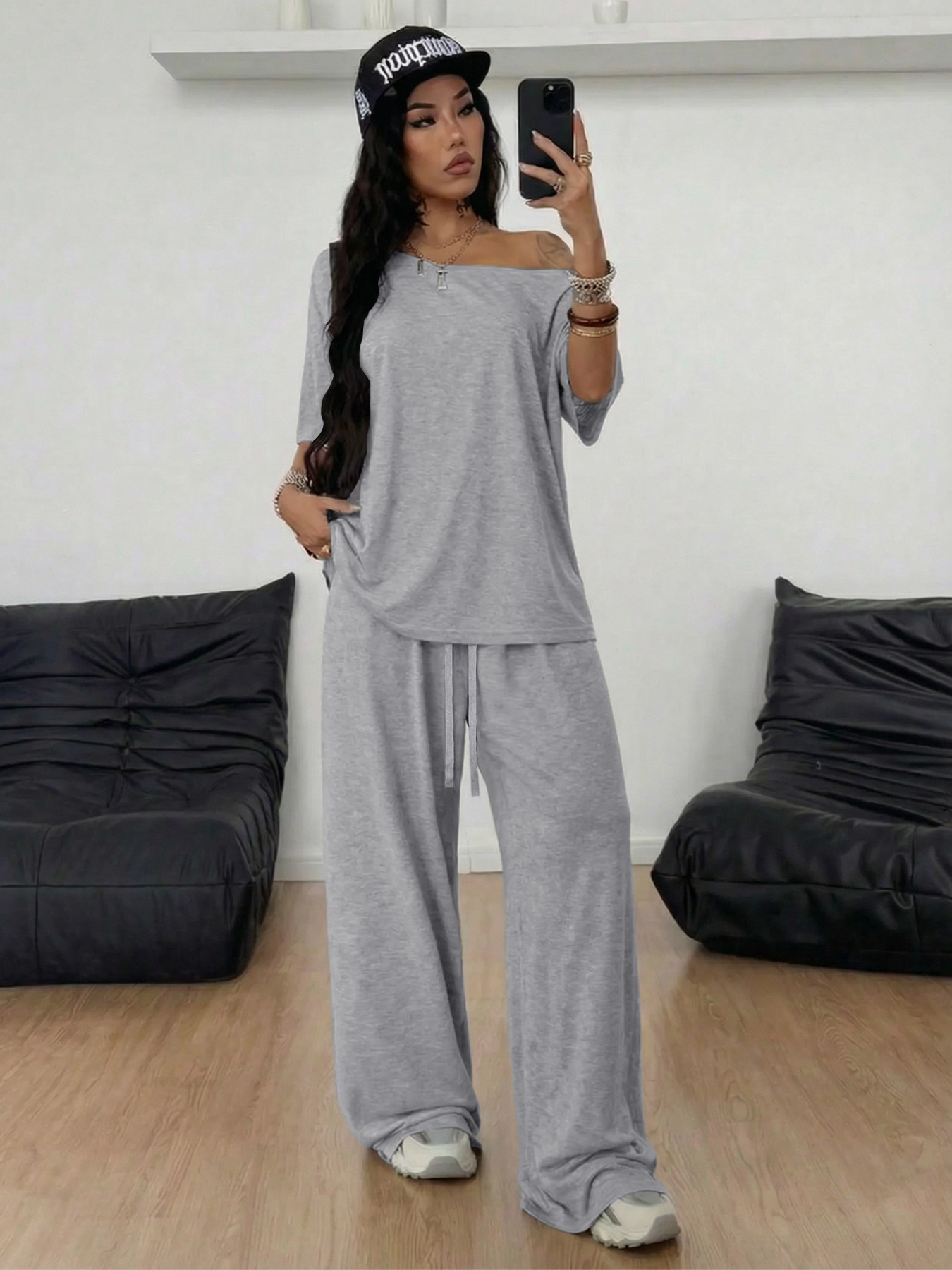 Women's Pant Sets Solid Color Casual Loose Wide Leg Two Piece Suit_voghion.com