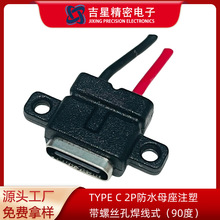 TYPE C 2P防水母座注塑带螺丝孔焊线式线长可选typec充电口