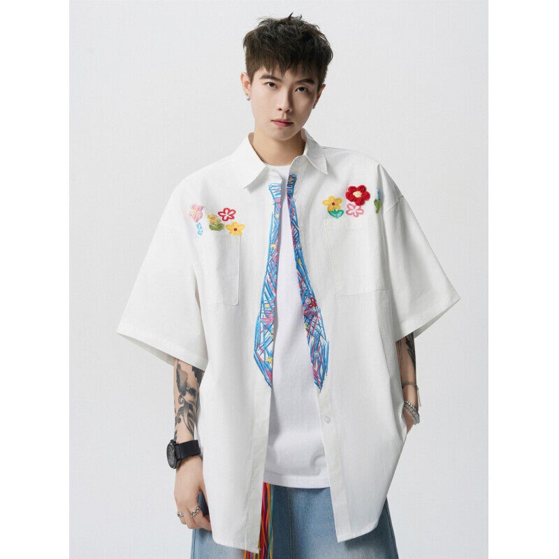 Summer Street Floral Embroidery Graffiti Tie Shirt Men's Short-Sleeved Loose American Couple Niche High-End Shirt