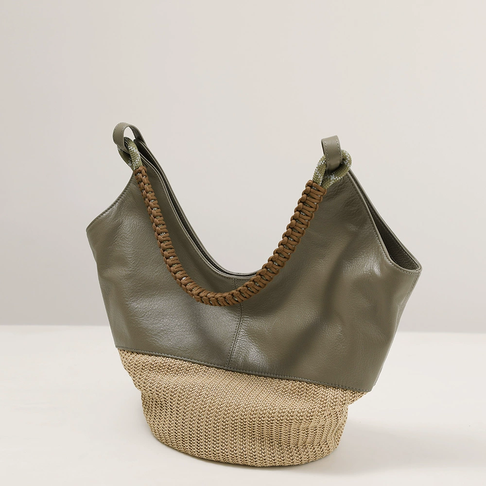 Leather straw capacious one-shoulder bag, cowhide, Korean style