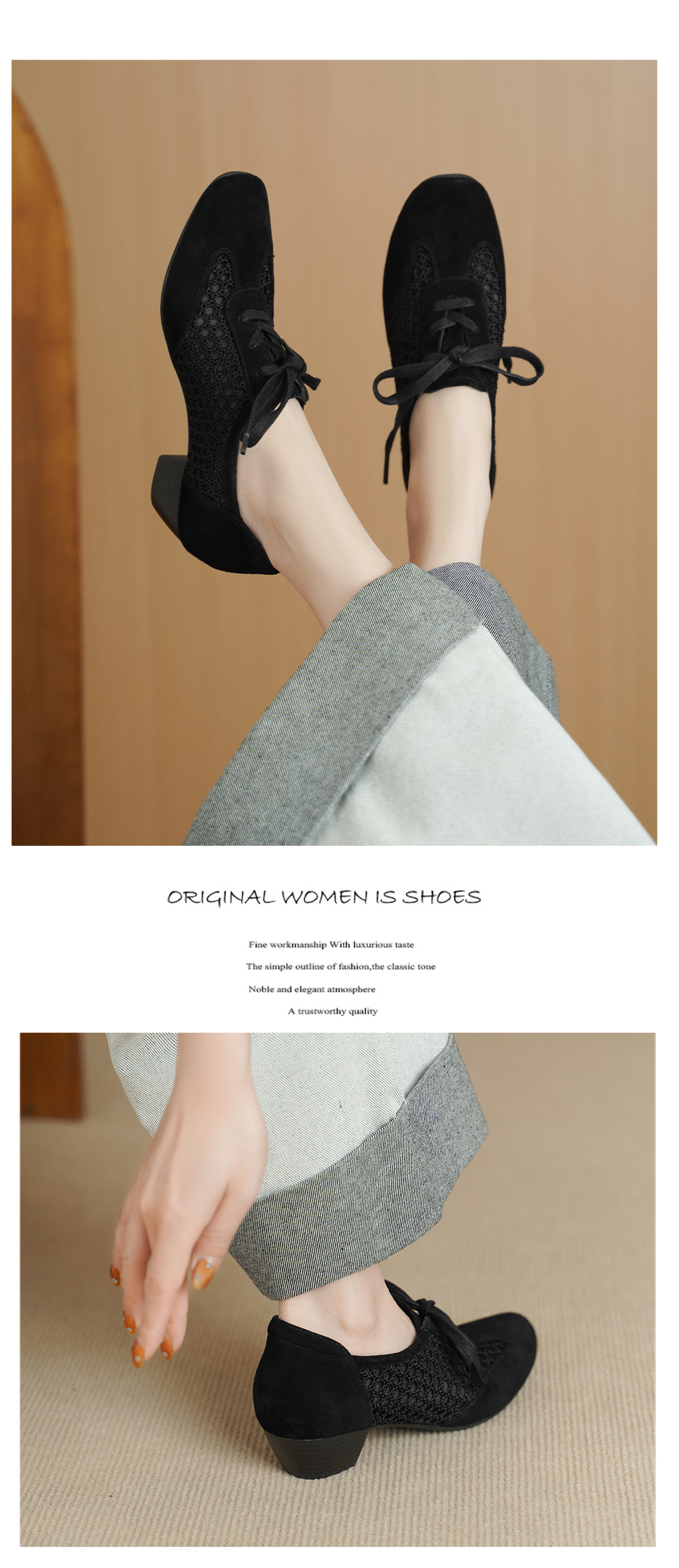 Giày sandal cao gót nữ hở mũi phối lưới, gót 4 cm, phong cách vintage — đen chi tiết 9