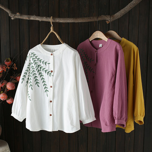 2024 spring shirt embroidered plus size women's three-quarter sleeve round neck cardigan chubby girl cardigan shirt ethnic style 612