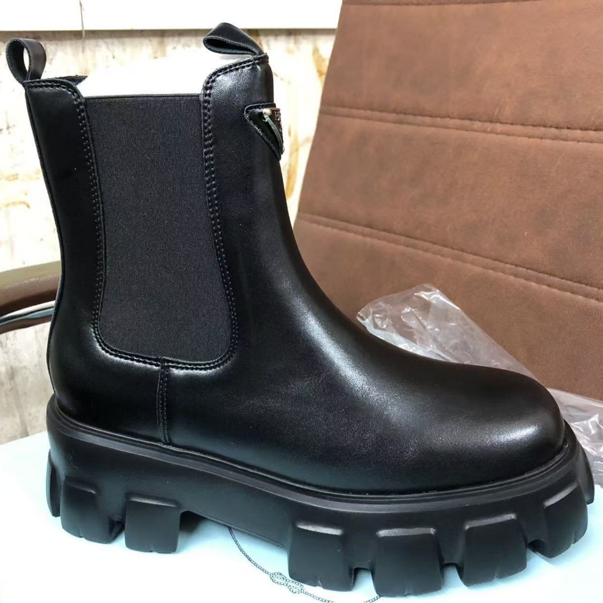 P Brand Triangle Buckle Patent Leather Martin Boots for Women, Chelsea Genuine Leather Platform Thick-Soled Boots with Belt Buckle