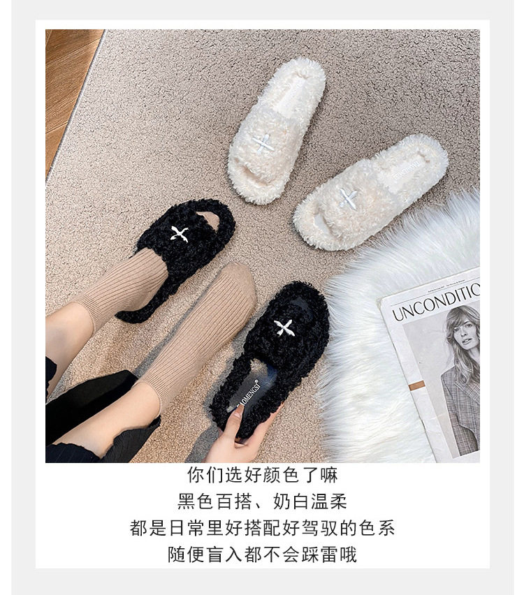 Dép lê nữ quai ngang đế dày lót lông nhân tạo, đi trong nhà và ra ngoài mùa xuân thu — Màu trắng, Màu đen chi tiết 20