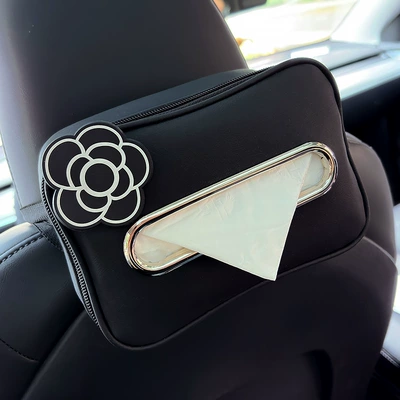 Car tissue box/set Car Seat Back Hanging Female - leather-tissue-box-black-black-camellia