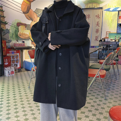Korean-style medium-long wool overcoat for men, autumn and winter, thick German-style notched lapel trench coat, oversized wool coat