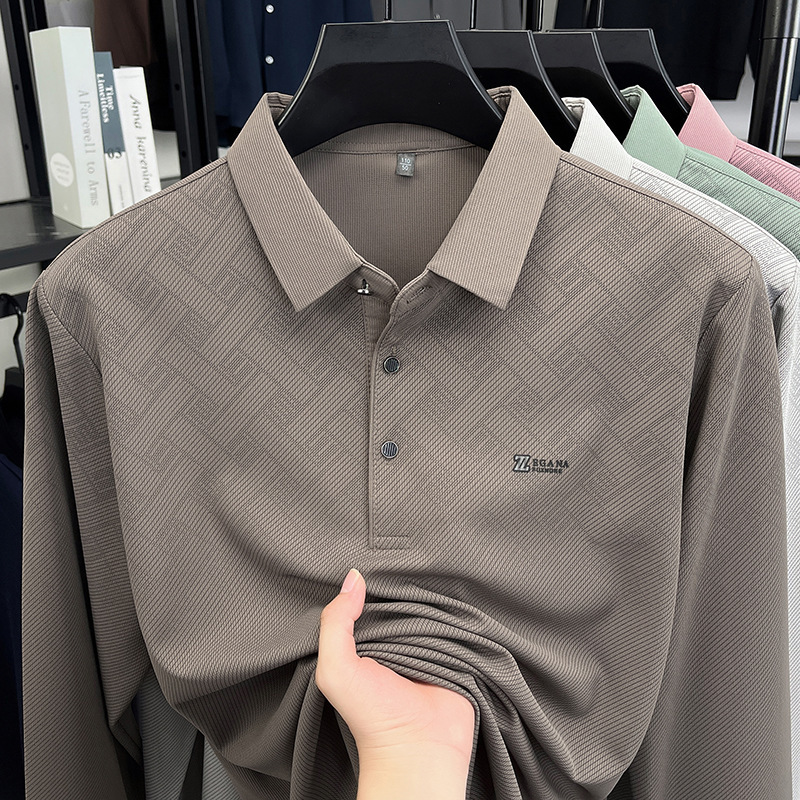 Long-Sleeved Men's Polo Shirt, Elastic Autumn and Winter New Style, Loose-Fitting, Printed, Trendy, Versatile, Lapel Long-Sleeved T-Shirt for Men