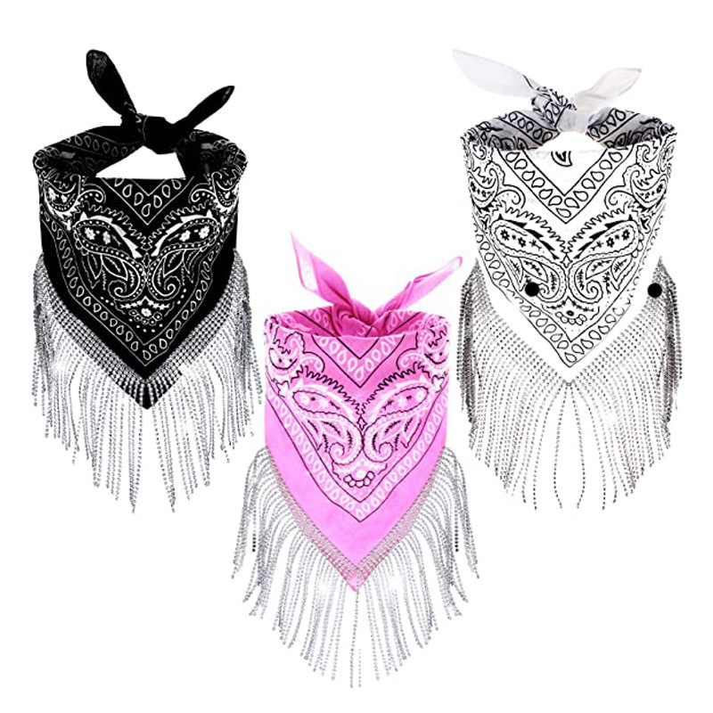 Diamond tassel large handkerchief, paisley headscarf, hip-hop street dance headscarf, denim party accessory, fringe bandana