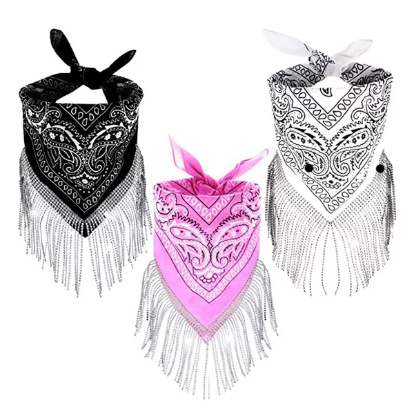 Diamond tassel large handkerchief, paisley headscarf, hip-hop street dance headscarf, denim party accessory, fringe bandana