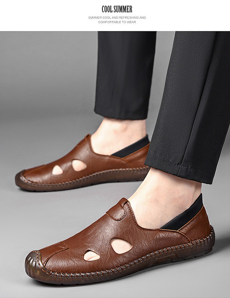 Giày sandal da nam thủ công đan dây, thoáng khí khoét lỗ, kiểu bao đầu — Màu kaki, màu đen chi tiết 16