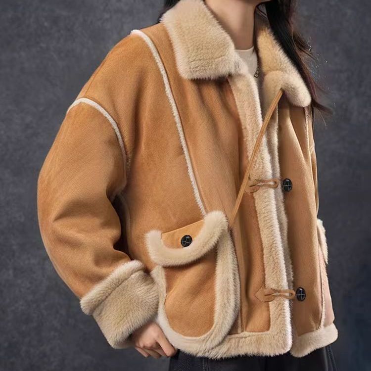 小个子毛毛拼接设计感加厚机车服女冬季新款宽松休闲立领蓝色外套|undefined