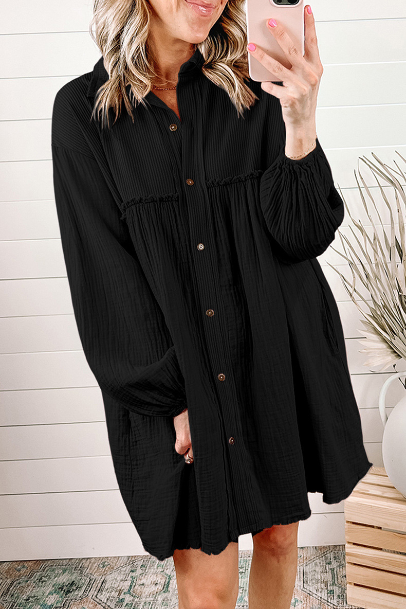 Early Autumn Thin Type Patchwork Pleated Long Sleeve Dress Women Casual High Waist Knee Length Short Dress Women