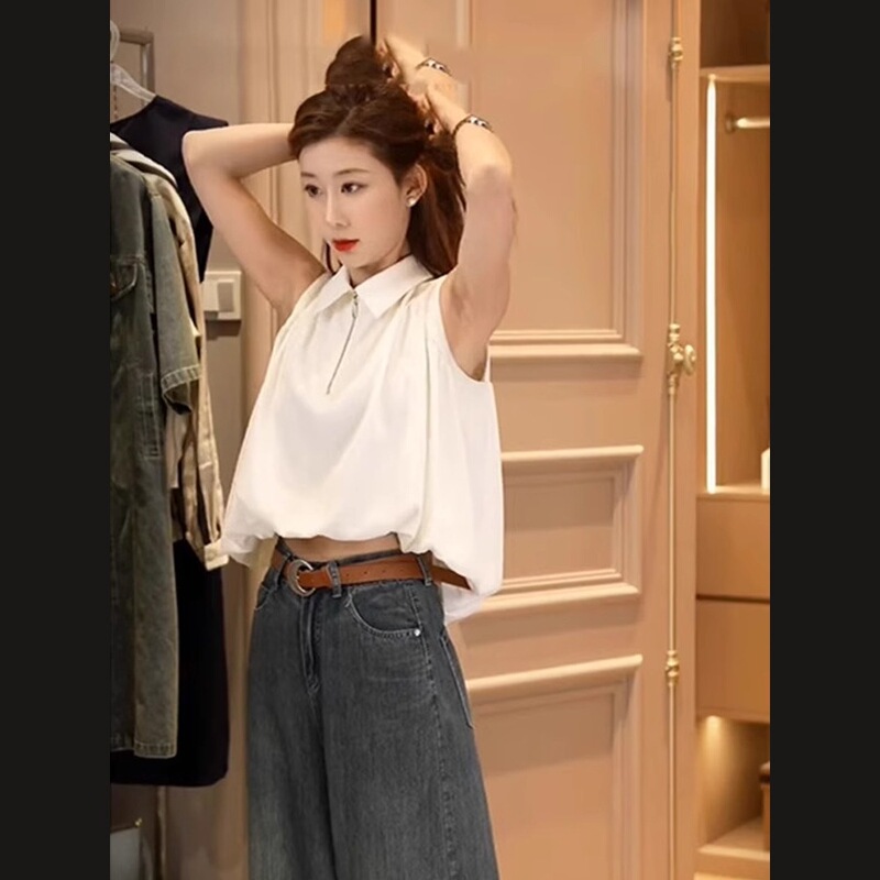 French White Sleeveless Half-Zip Vest Shirt for Women 2025 Summer New High-End Short Shirt Top