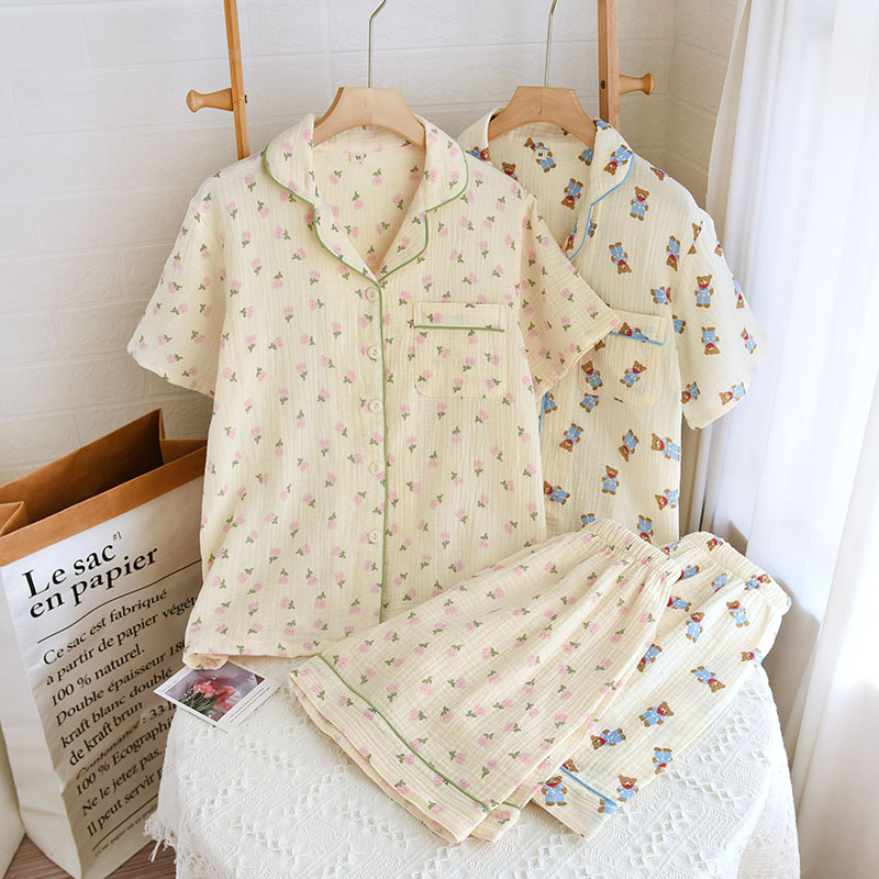 Crepe Lapel Short Sleeve Shorts Pajamas Set Women's Summer Thin Cardigan Cool Sweat-absorbent Cotton Home Clothes Two Pieces