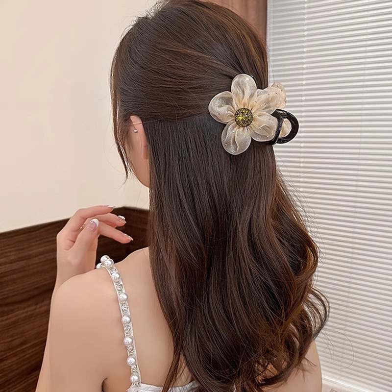 Flores de diamante de malla clip de agarre para mujeres 2025 nuevo temperamento de alto nivel detrás de la cabeza clip de cola de caballo clip de cabello tocado