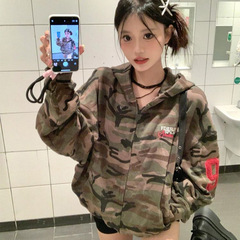 设计感字母刺绣连帽卫衣女秋冬2025新款加绒加厚开衫迷彩外套上衣