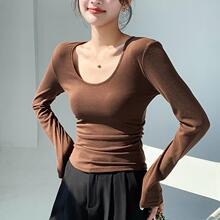 低领打底衫女修身显瘦内搭T恤秋冬新款椰绒U领双面磨毛长袖上衣