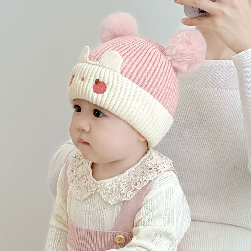 宝宝帽子秋冬季可爱毛球套头帽婴幼儿保暖针织毛线帽加厚男女护耳|undefined