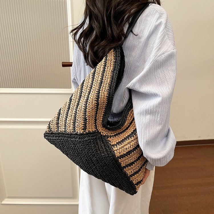 Bolsa de paja a rayas, bolsa de tejido a mano de alta calidad, bolsa de gran capacidad, bolsa de vacaciones, bolsa de playa, bolsa de viaje para mujeres