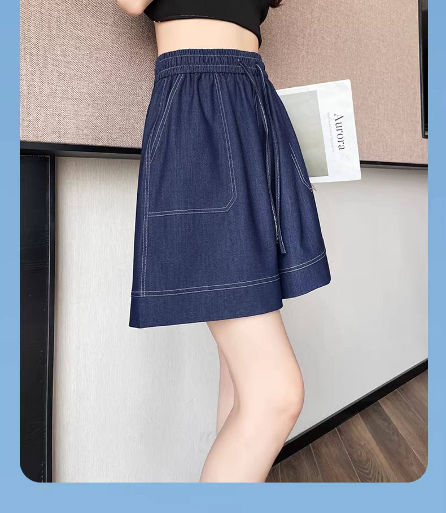 Quần short jean nữ lưng cao ống rộng chất liệu tơ tằm mát mẻ — màu xanh nhạt chi tiết 17