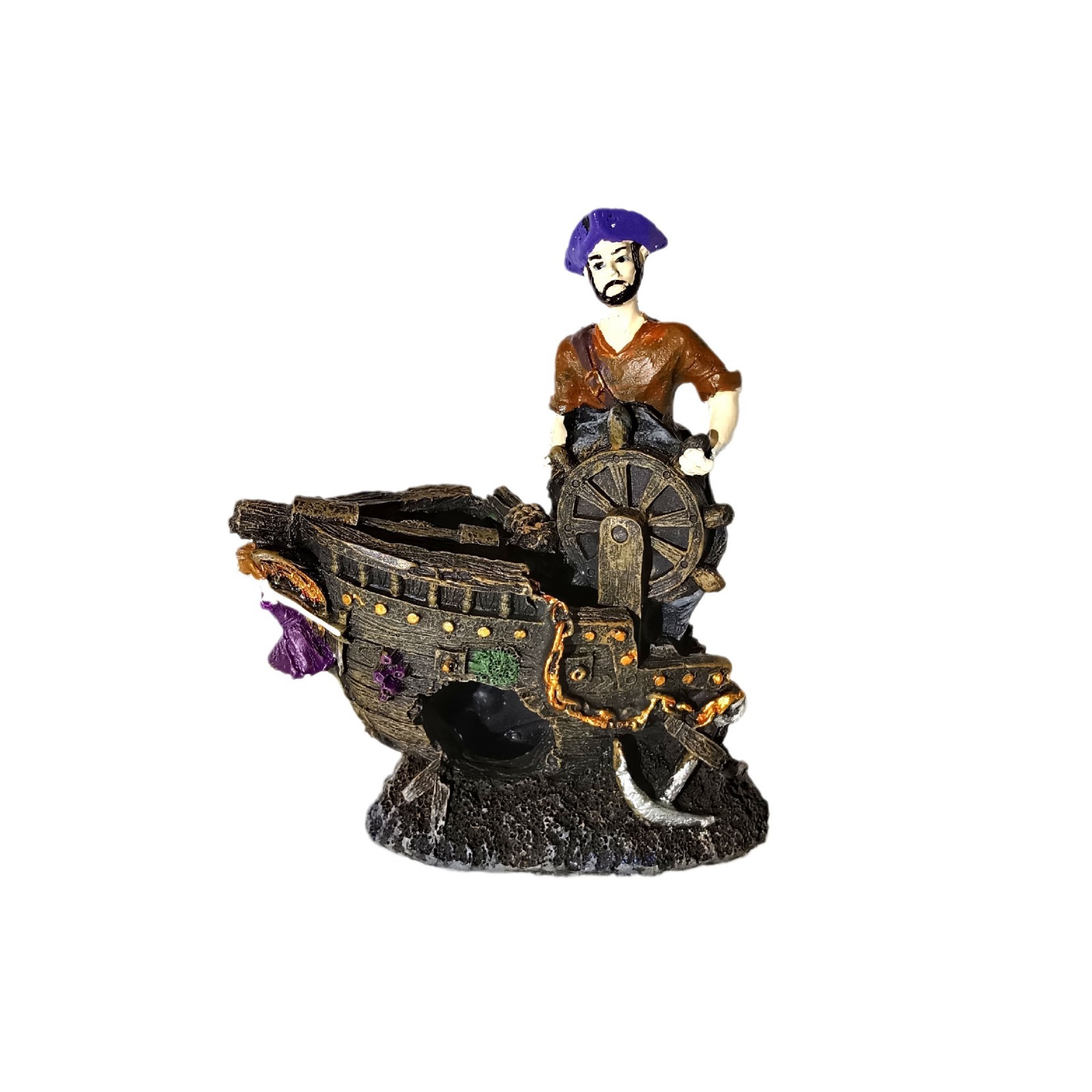 Acuario pequeño pecera decoraciones de paisajismo humanoide sólido naufragio spot conducción sentado adornos de capitán al por mayor