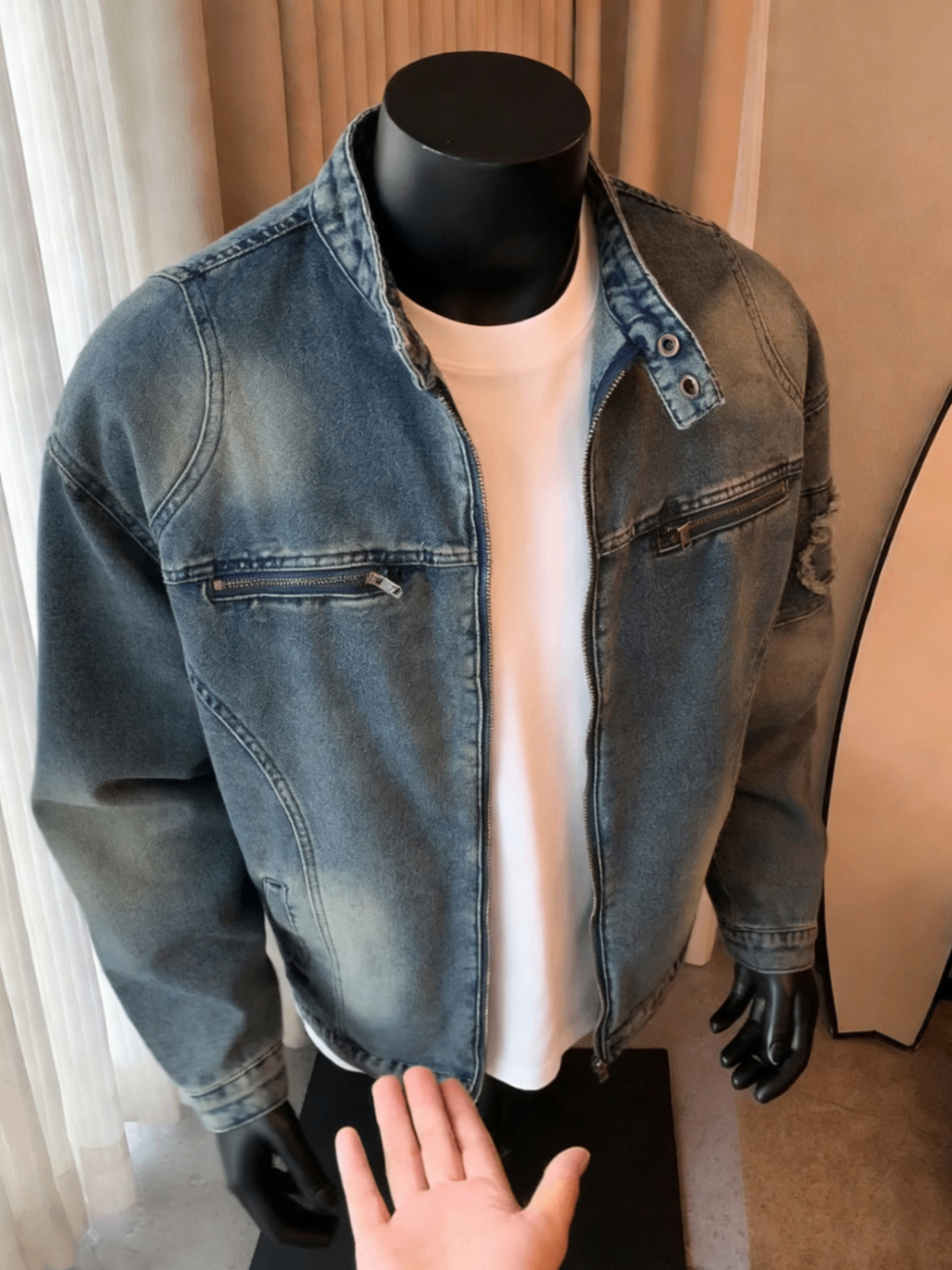 Men's Denim Jacket Washed Motorcycle Style Loose Casual Zipper_voghion.com