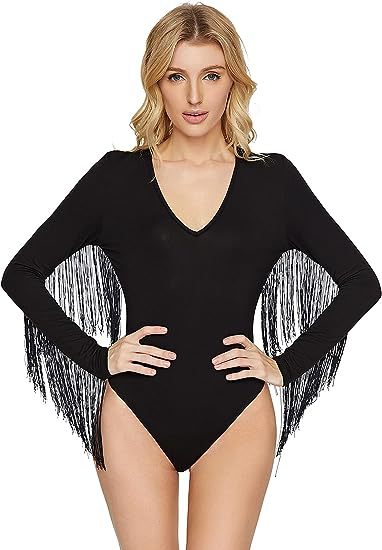 Body de Manga Larga Ajustado con Cuello en V y Flecos, Estilo Disco, para Mujer